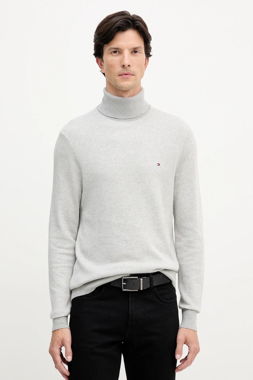 Sveter s prímesou vlny Tommy Hilfiger šedá farba, ľahký, s rolákom, MW0MW40446
