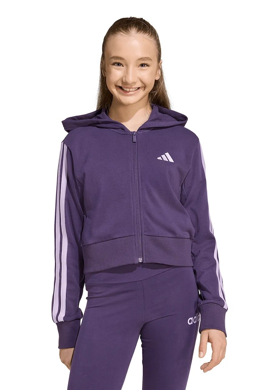 Detská mikina adidas fialová farba, s kapucňou, s nášivkou, JY4985