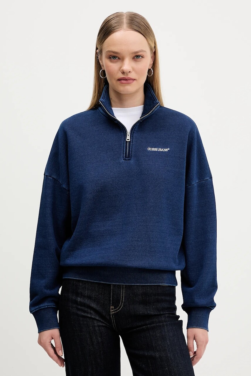 Bavlnená mikina Guess Jeans tmavomodrá farba, jednofarebná, W5YQ10 KCXQ1