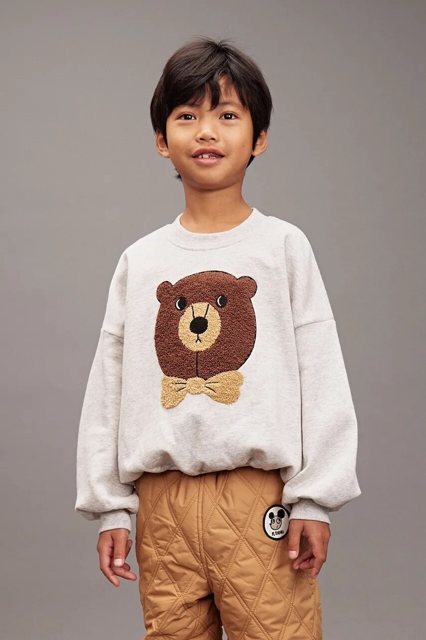 Detská bavlnená mikina Mini Rodini Bear šedá farba, s nášivkou, 25720108