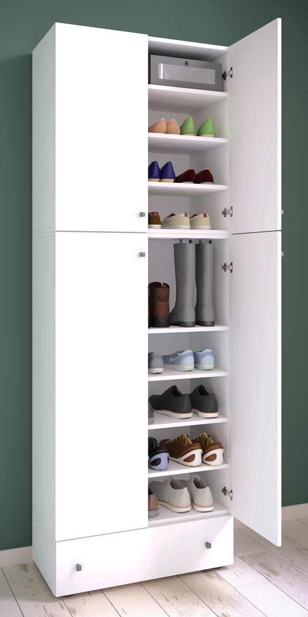 Botník Lona XXL s 9 přihrádkami, otočné dveře se zásuvkou, bílá