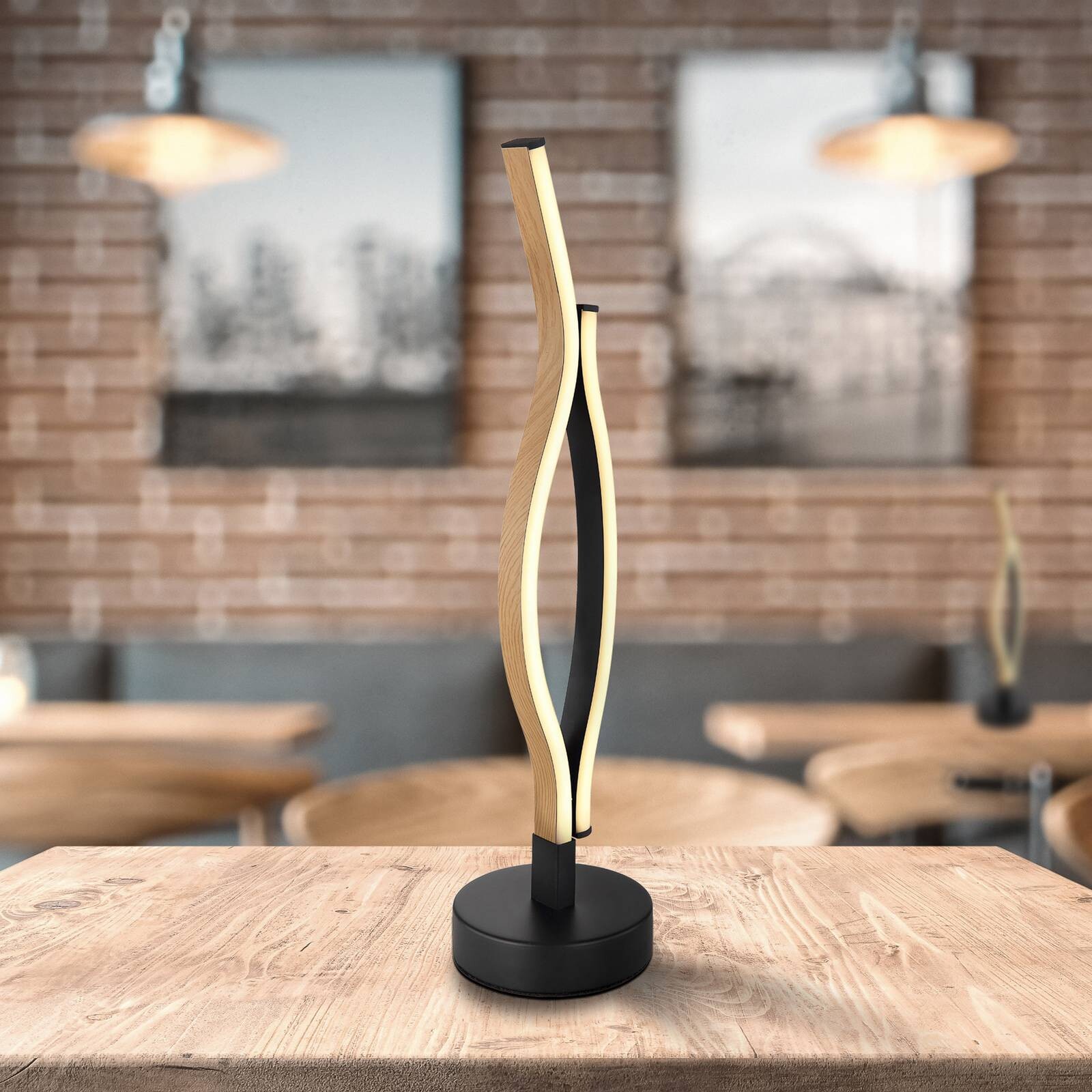 Stolová LED lampa Geronimo, výška 47 cm, čierna/drevený vzhľad