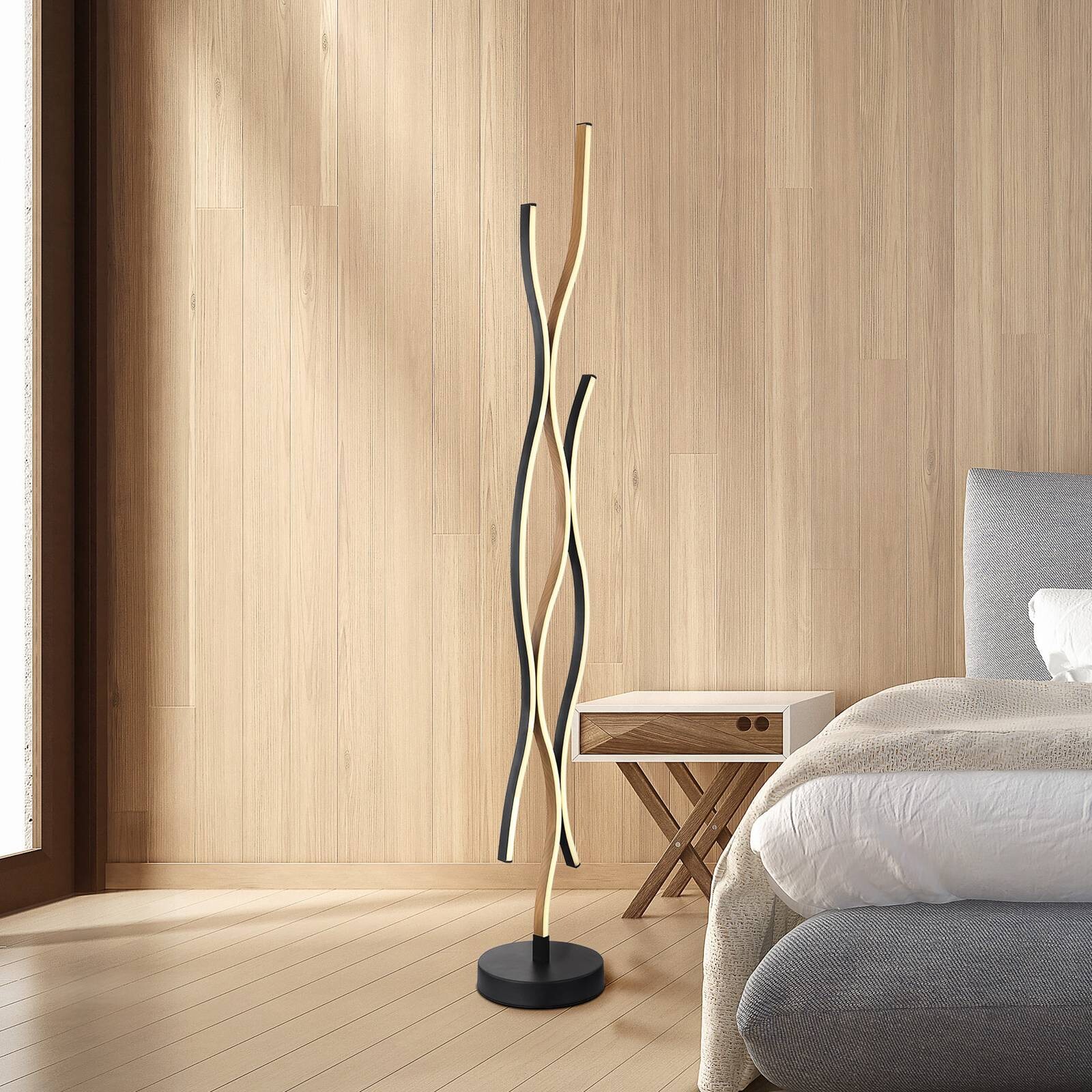 LED stojaca lampa Geronimo, výška 135 cm, čierna/drevený vzhľad