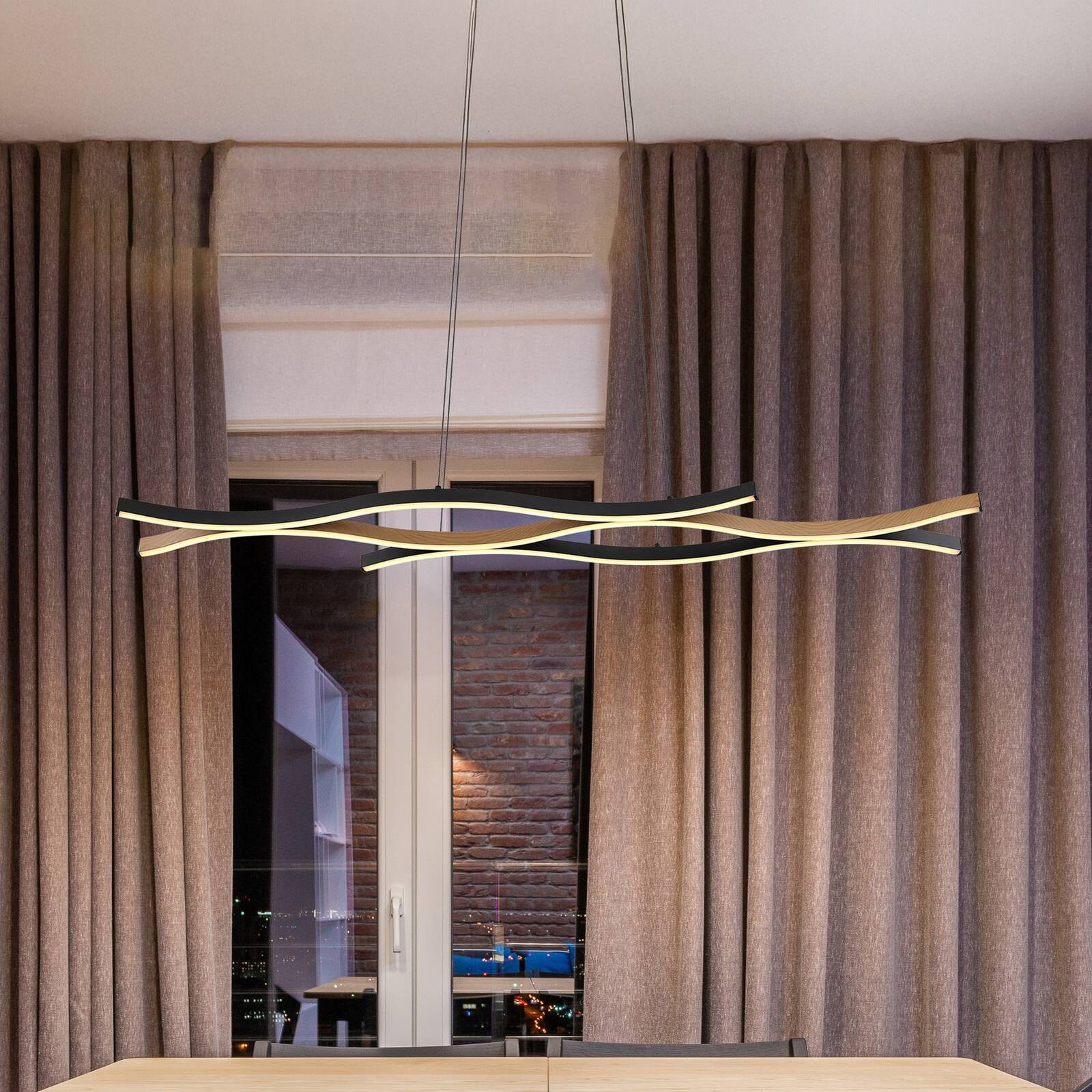 LED závesné svietidlo Geronimo, dĺžka 108 cm, čierna/drevený vzhľad