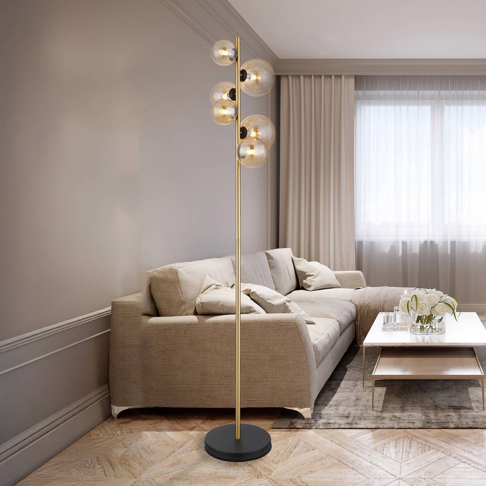 Stojacia lampa Riha, výška 155 cm, jantárová/mosadzová, kov