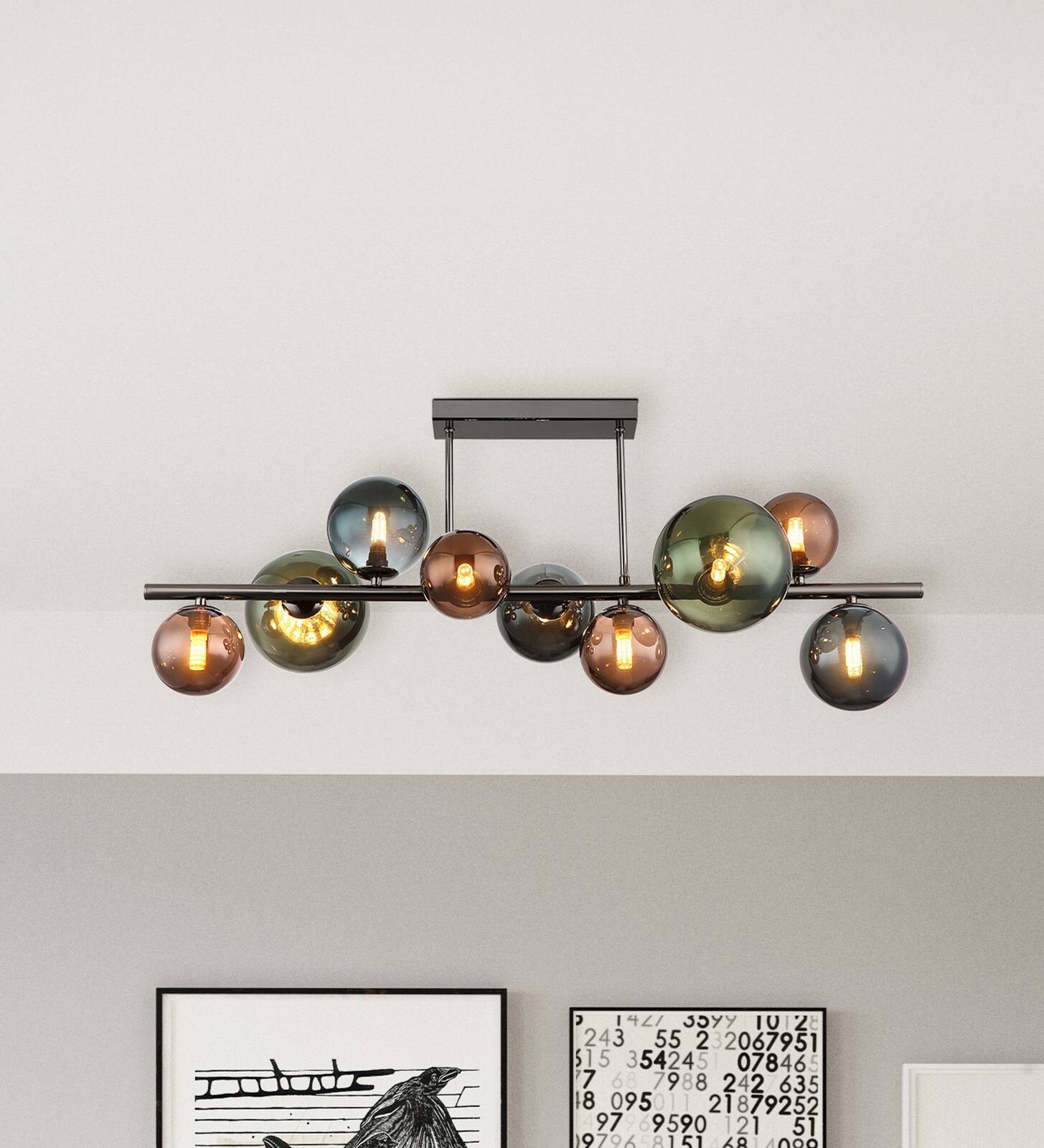 Stropné svietidlo Riha, dĺžka 87 cm, dymovo šedá/čierna, 9-pl.