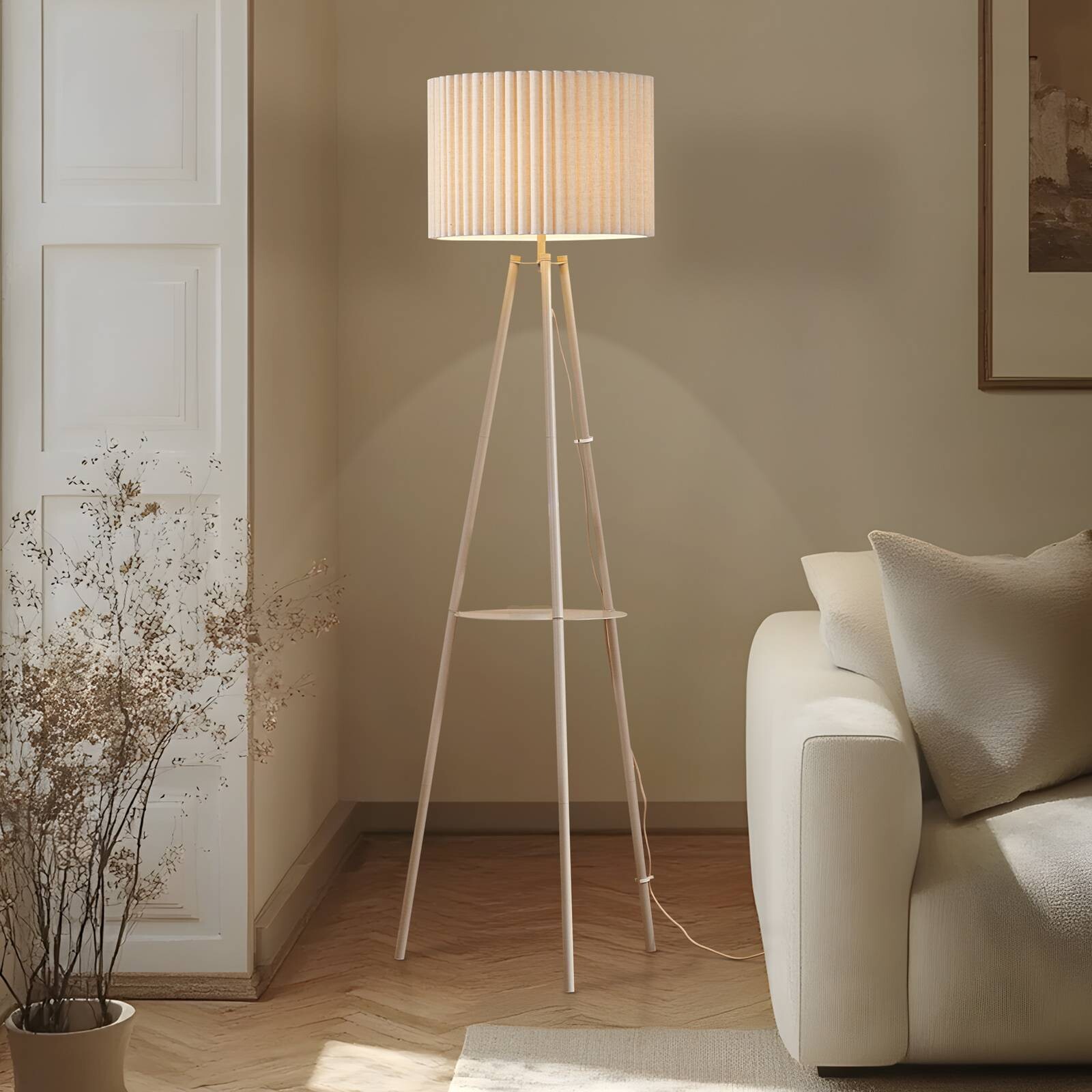 Lindby Stojacia lampa Libbie, 155 cm, ľan, krémová farba