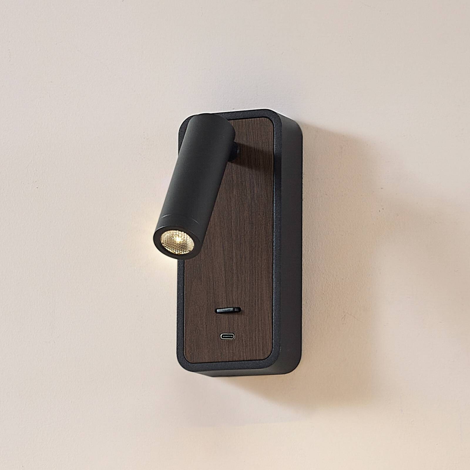Lindby LED nástenné svetlo Tallis, čierne, USB-C, otočné