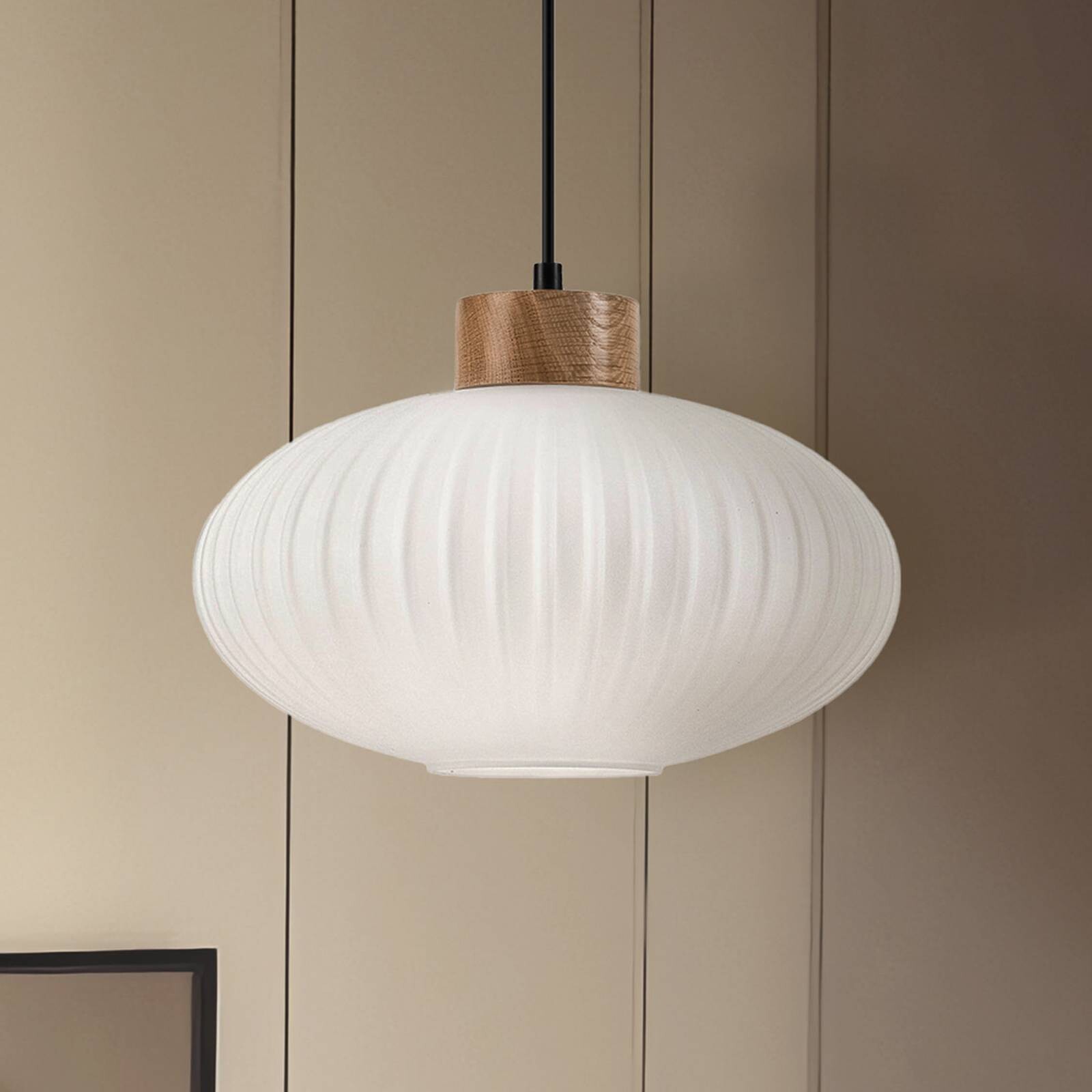 Závesné svietidlo Harmony, Ø 25 cm, biela/dub, sklo/drevo