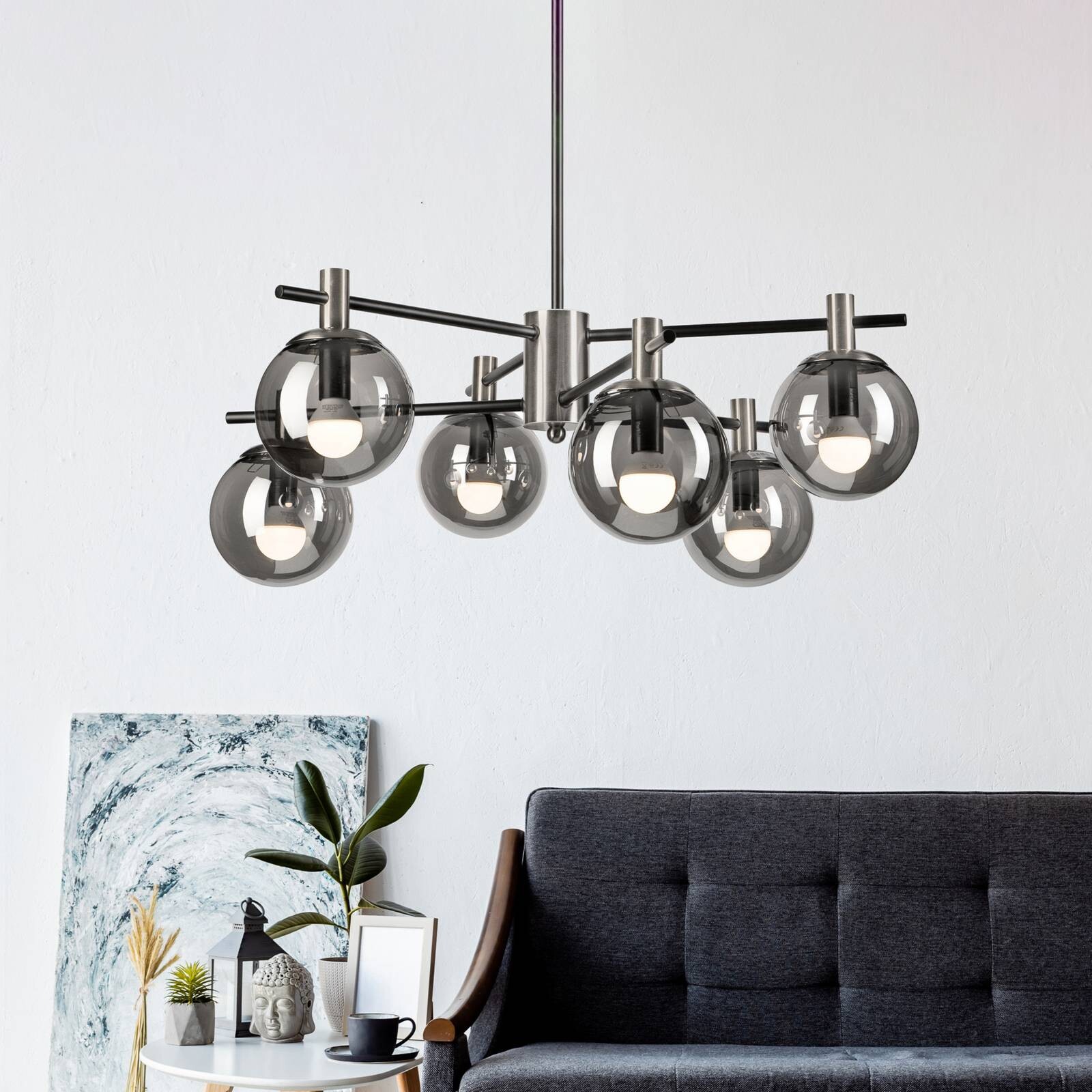 Stropné svietidlo Lilou, Ø 53cm, dymovo sivá, sklo/kov, 6-pl.