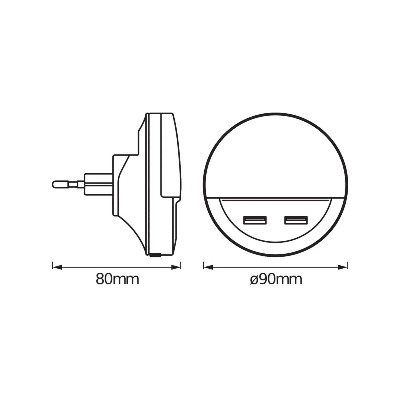 OSRAM LED zásuvkové nočné svetlo LUNETTA USB, biele, Ø 9 cm