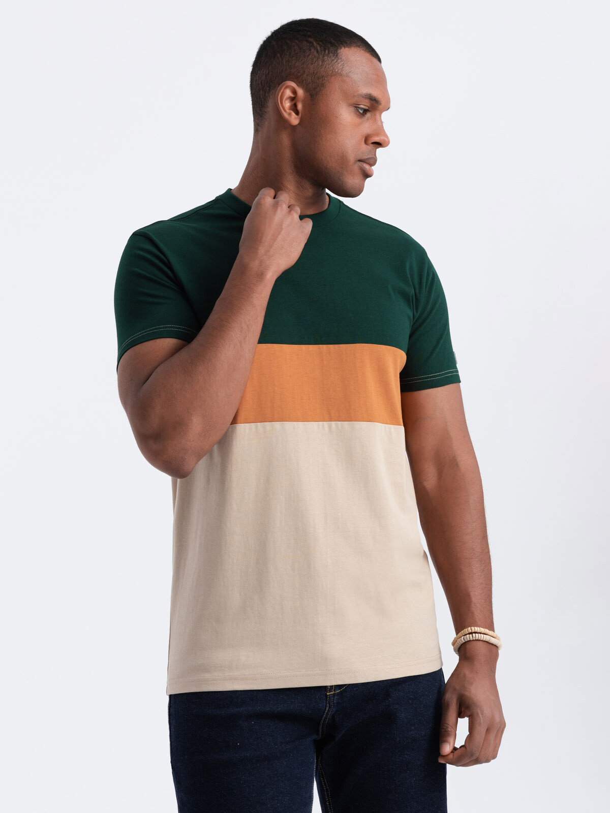 Ombre Men's tricolor T-shirt with wide stripes - green and beige