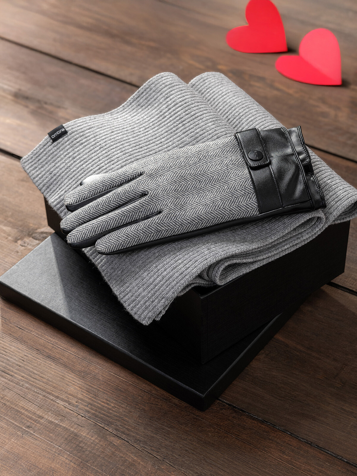 Ombre Gift set for him in grey - knitted scarf + herringbone gloves