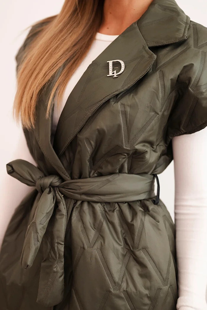 Dámska prešívaná vesta s opaskom a širokým golierom khaki UNI