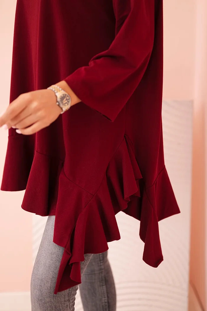 Dámska blúzka v nadmernej veľkosti s bavlnou, volánom a vyhrnutými rukávmi bordová UNI