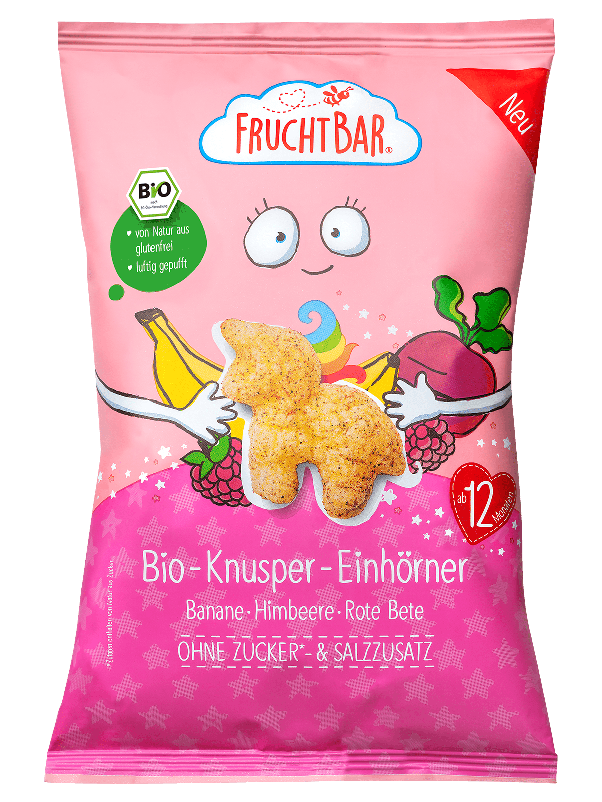 FRUCHTBAR BIO Kukuričné ​​chrumky Jednorožec s príchuťou banán, malina a repa 30 g