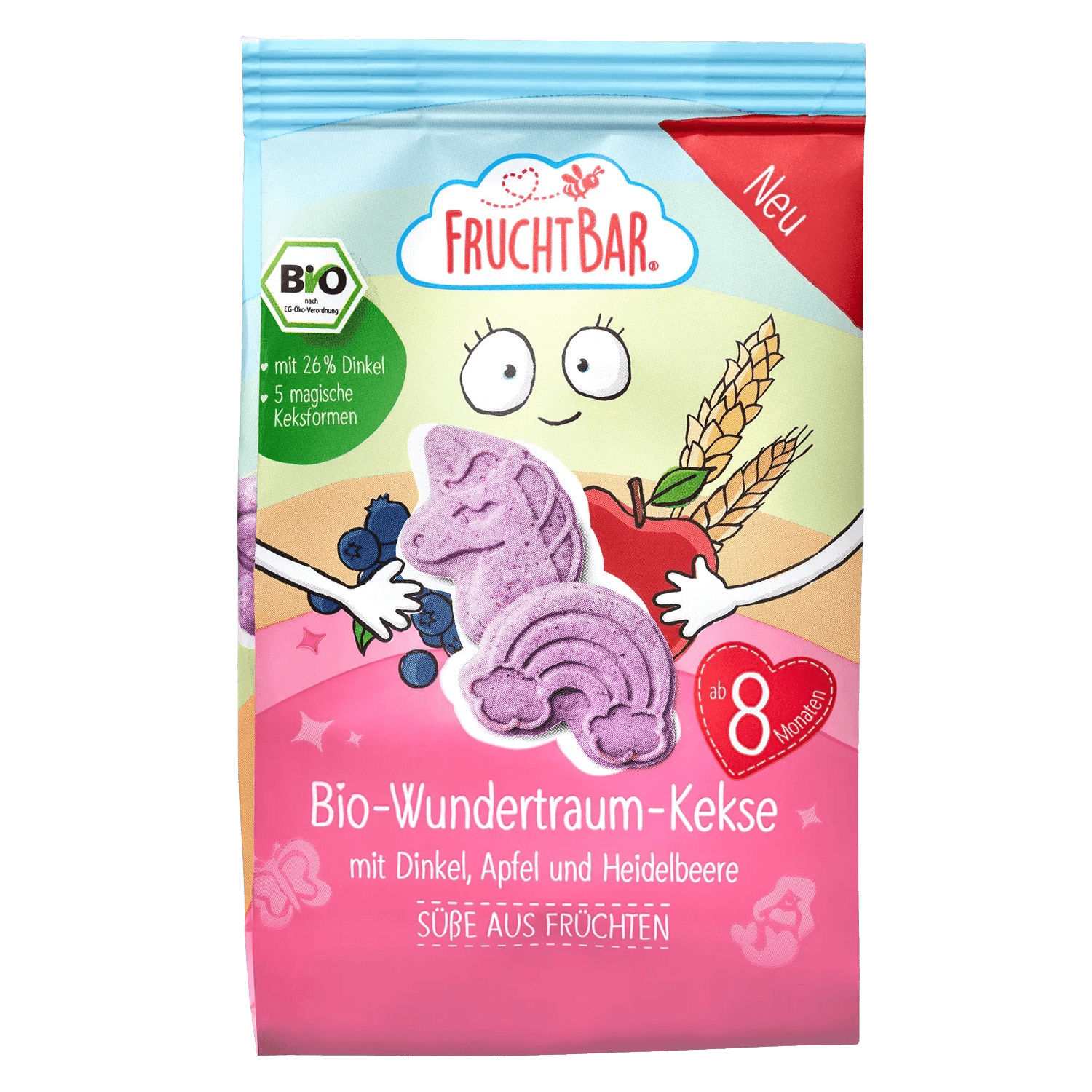 FRUCHTBAR BIO Špaldové maslové sušienky Jednorožec s príchuťou jablka a čučoriedok 100 g