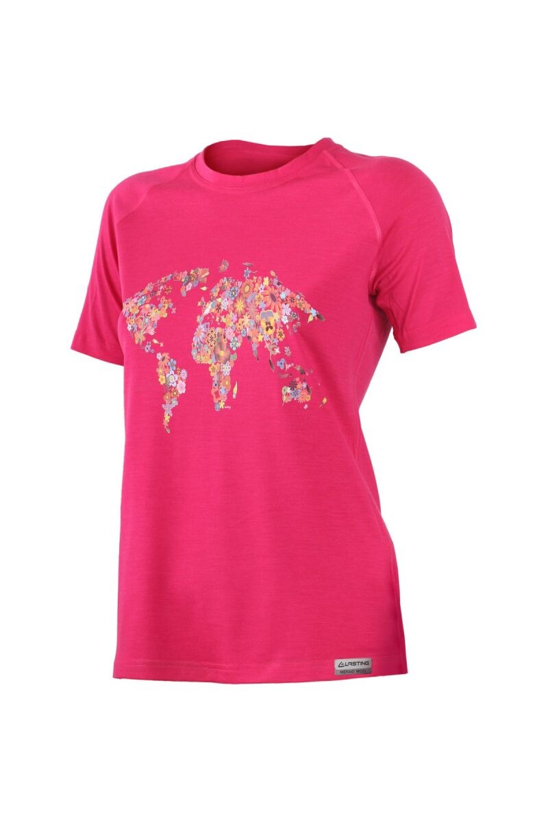 Lasting FLOWER 4747 ružové vlnené merino tričko s tlačou Veľkosť: S 8595067863931