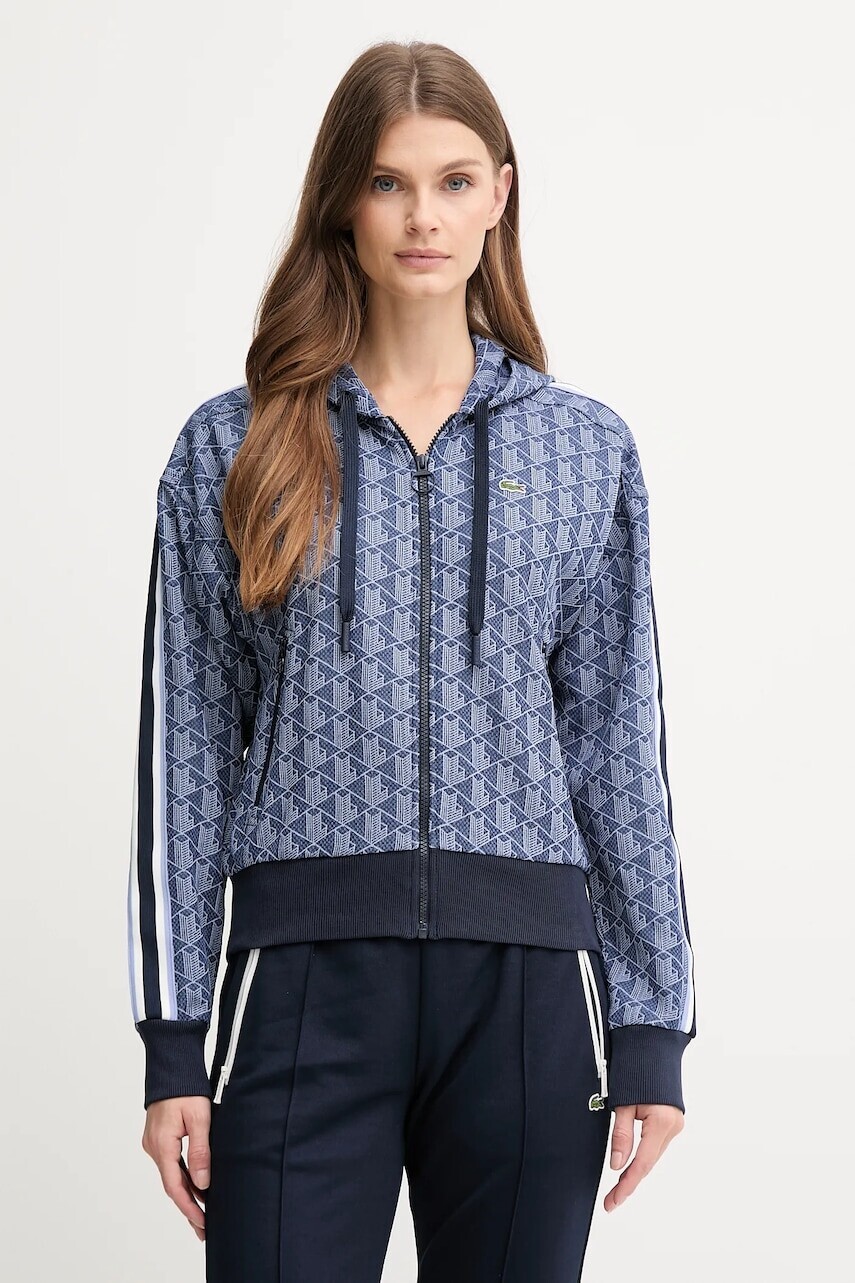 Mikina Lacoste modrá farba, s kapucňou, vzorovaná, SF7606