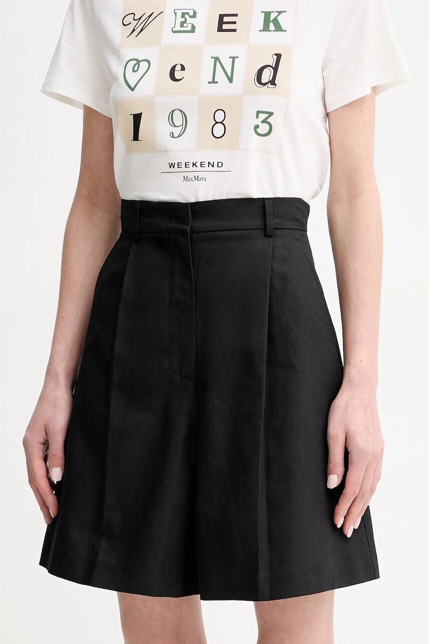 Šortky s prímesou ľanu Weekend Max Mara dámske, čierna farba, jednofarebné, vysoký pás, 2515141032600