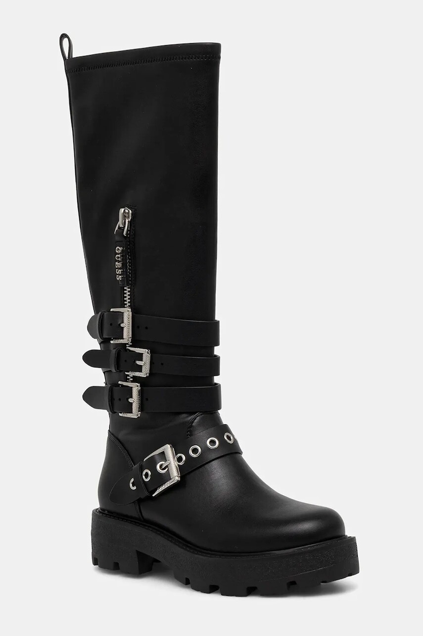 Vysoké čižmy Guess YANKY čierna farba, na platforme, FLFYNK ELE11