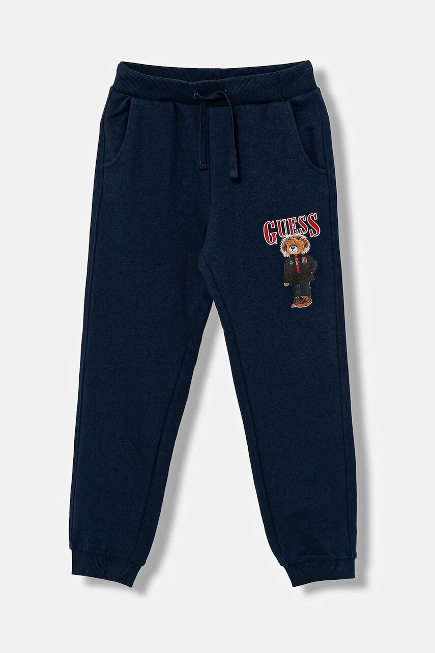 Detské bavlnené tepláky Guess tmavomodrá farba, s potlačou, N5BQ12 KAD74