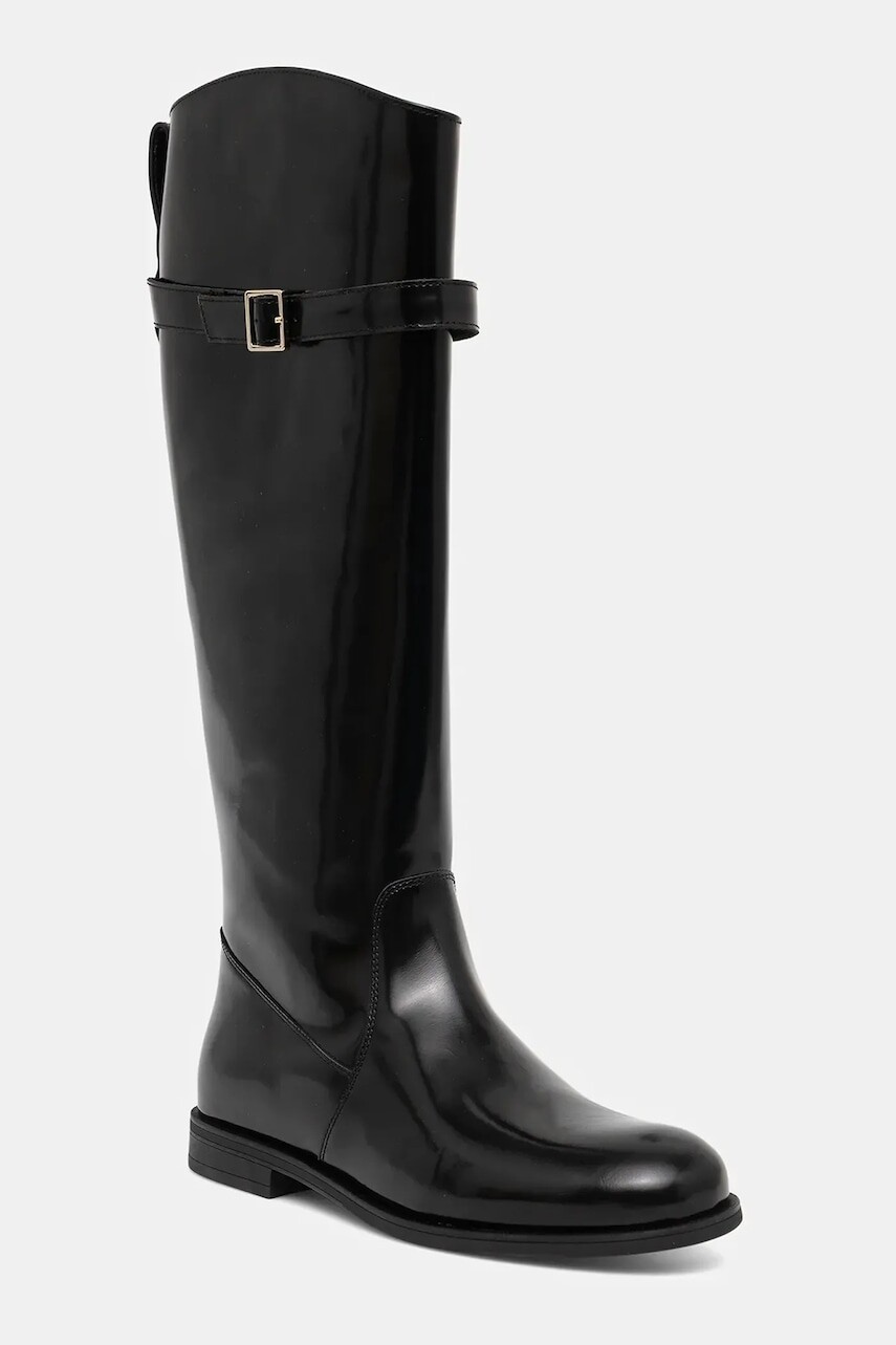 Kožené čižmy BOSS Lycia čierna farba, na plochom podpätku, 50552801