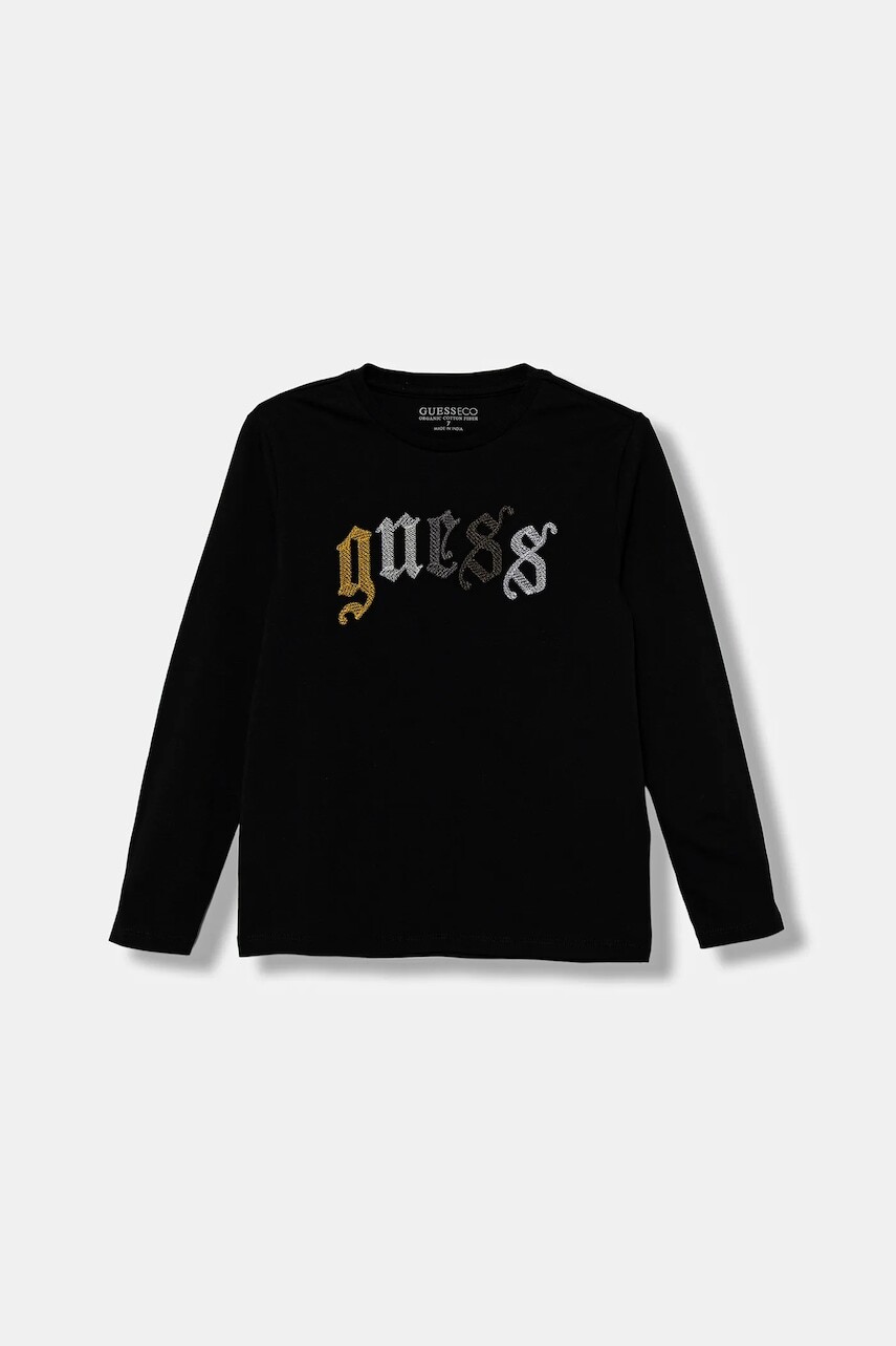 Detská bavlnená košeľa s dlhým rukávom Guess čierna farba, s nášivkou, L5BI33 I3Z14