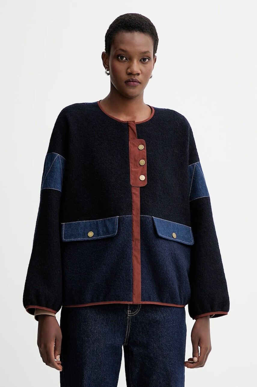 Bunda s prímesou vlny Sessun tmavomodrá farba, prechodná, oversize, 25113007