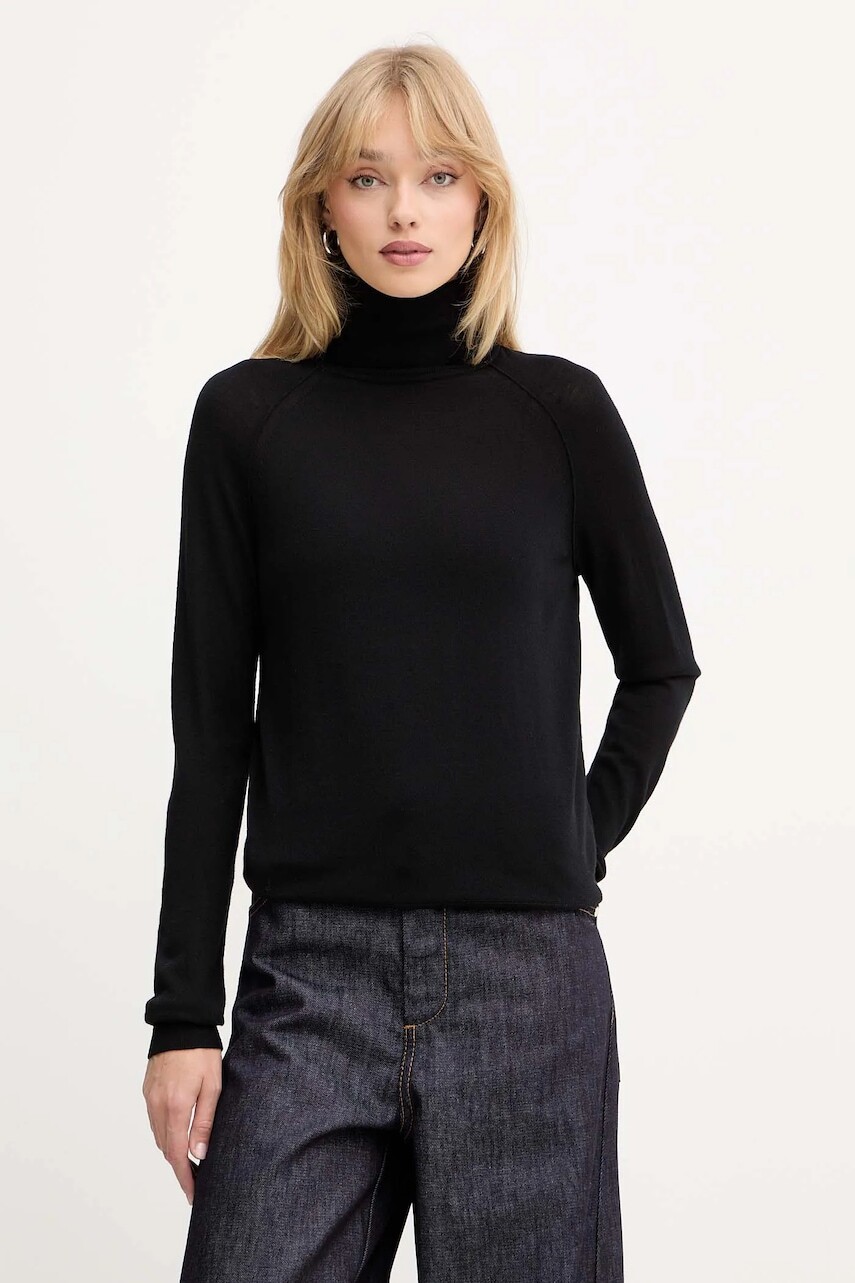 Vlnený sveter BOSS čierna farba, ľahké, s rolákom, 50548298