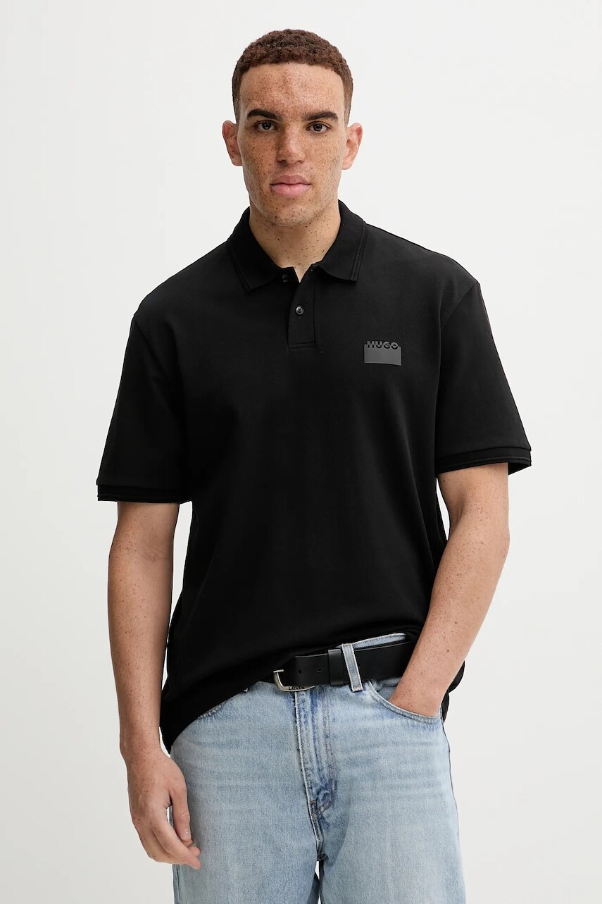 Bavlnené polo tričko HUGO čierna farba, jednofarebná, 50546891