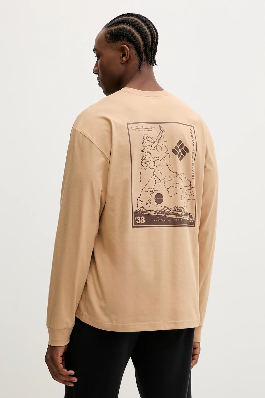 Bavlnené tričko s dlhým rukávom Columbia béžová farba, s potlačou, 2137071