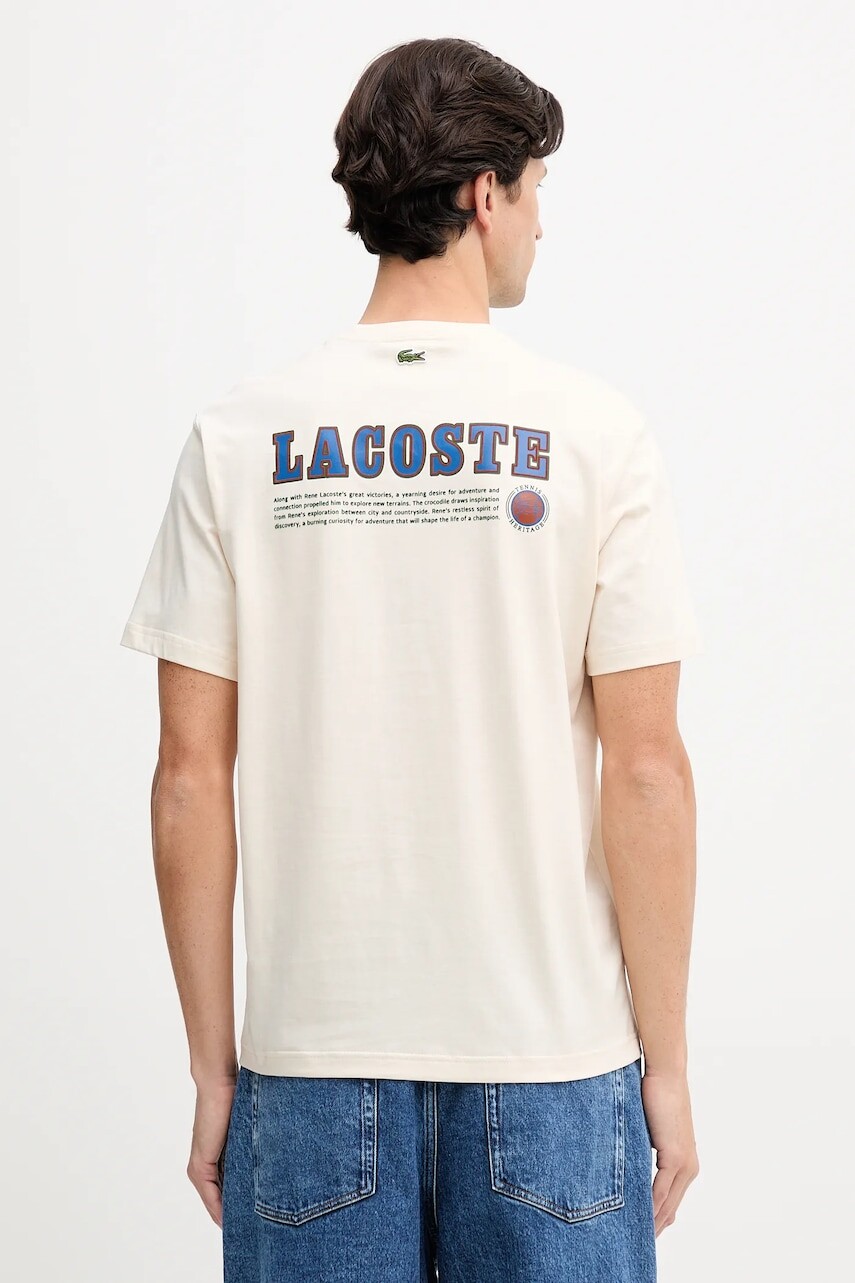 Bavlnené tričko Lacoste pánske, béžová farba, s potlačou, TH5903