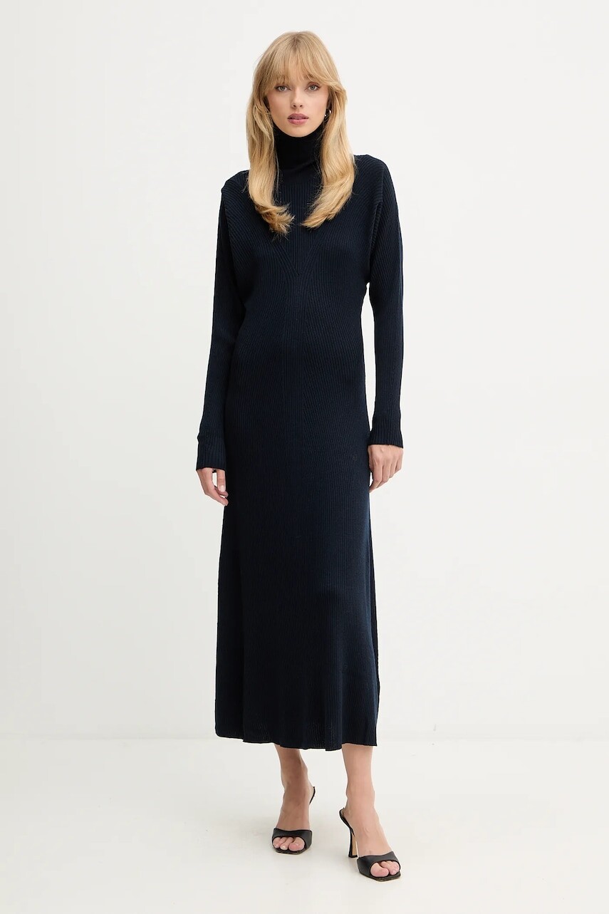 Vlnené šaty BOSS tmavomodrá farba, maxi, áčkový strih, 50548520