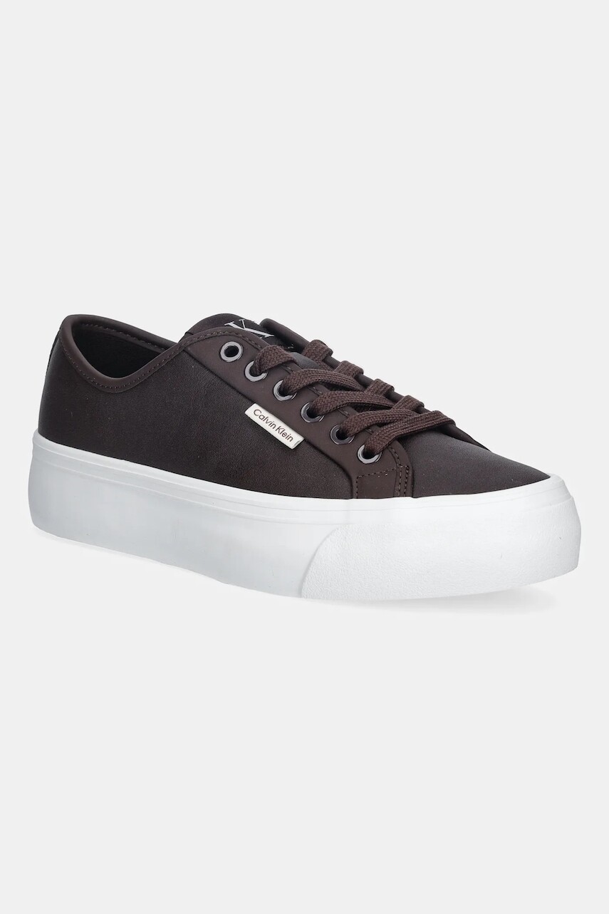 Tenisky Calvin Klein VULC FLATF LACE UP LTH CK hnedá farba, YW0YW01932