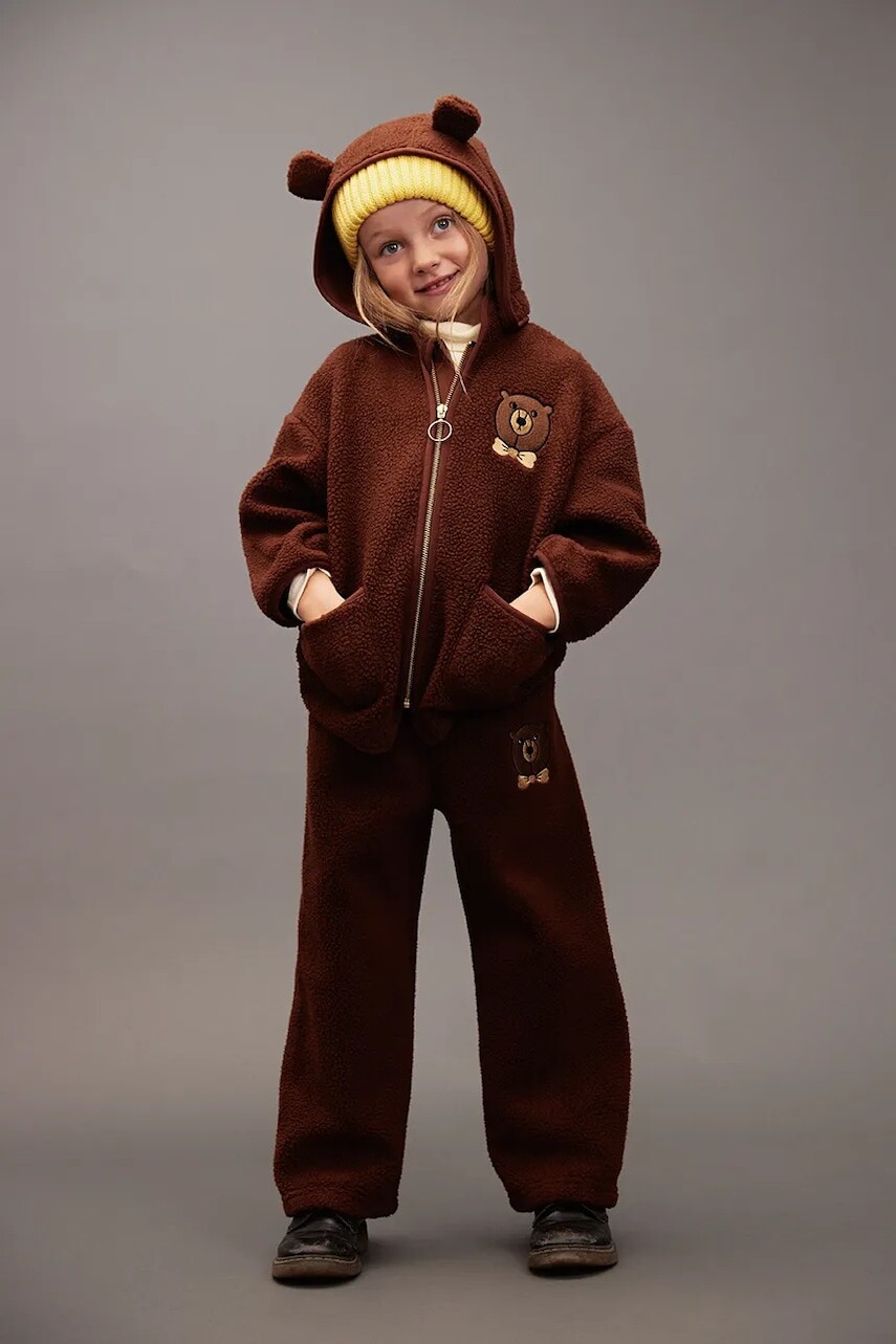 Detské tepláky Mini Rodini Bear hnedá farba, s nášivkou, 25710125