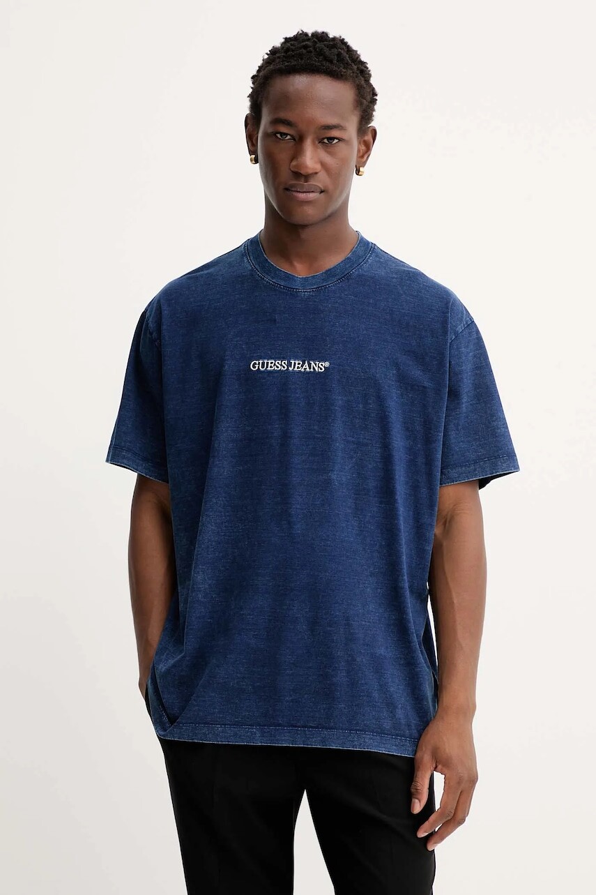 Bavlnené tričko Guess Jeans pánske, tmavomodrá farba, s nášivkou, M5YI11 KCTG1