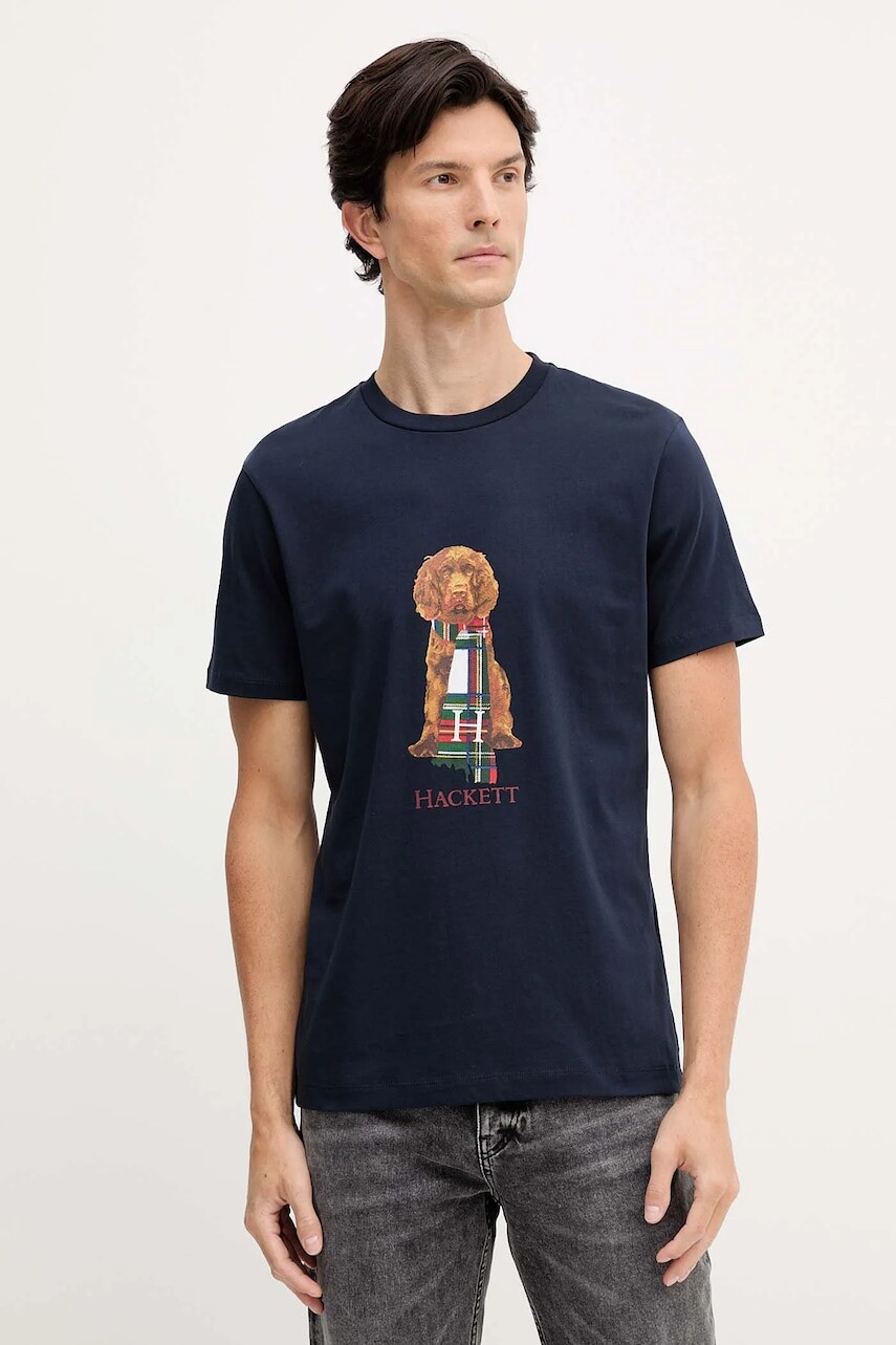 Bavlnené tričko Hackett London pánske, tmavomodrá farba, s potlačou, HM5000022