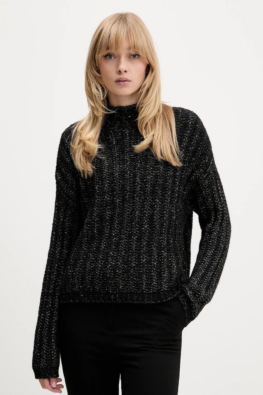 Sveter s prímesou vlny HUGO čierna farba, teplý, s polorolákom, 50550210