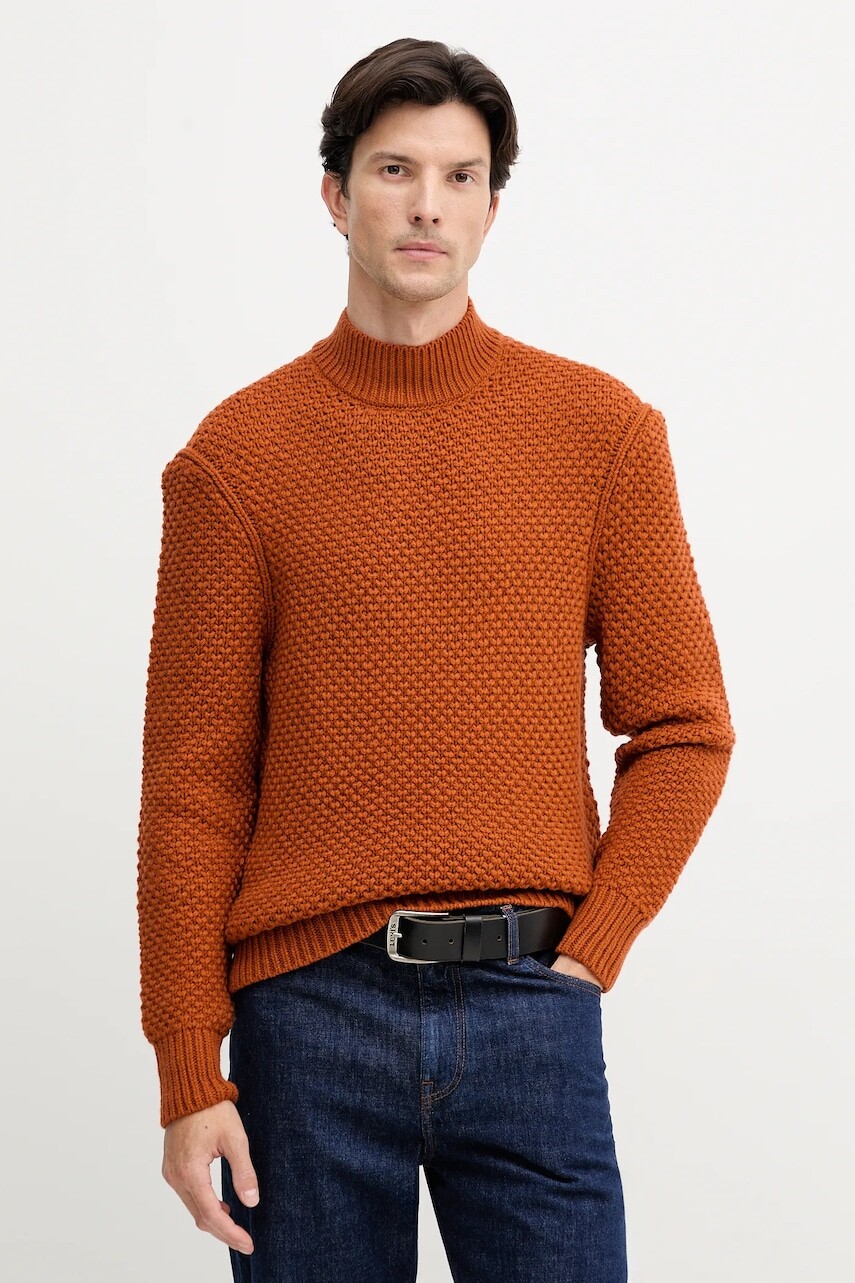 Vlnený sveter BOSS oranžová farba, s polorolákom, 50550008