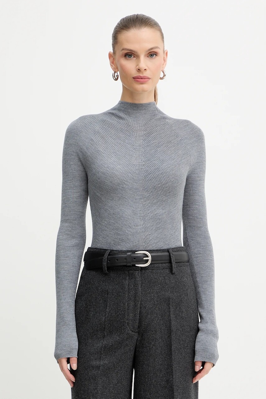 Vlnený sveter BOSS šedá farba, ľahký, s polorolákom, 50549166