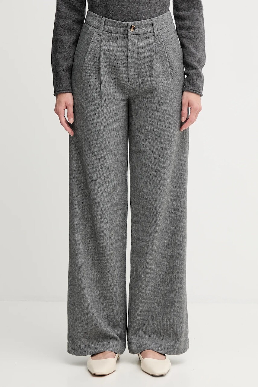 Nohavice s prímesou vlny Pepe Jeans šedá farba, rovný strih, vysoký pás, PL2100009