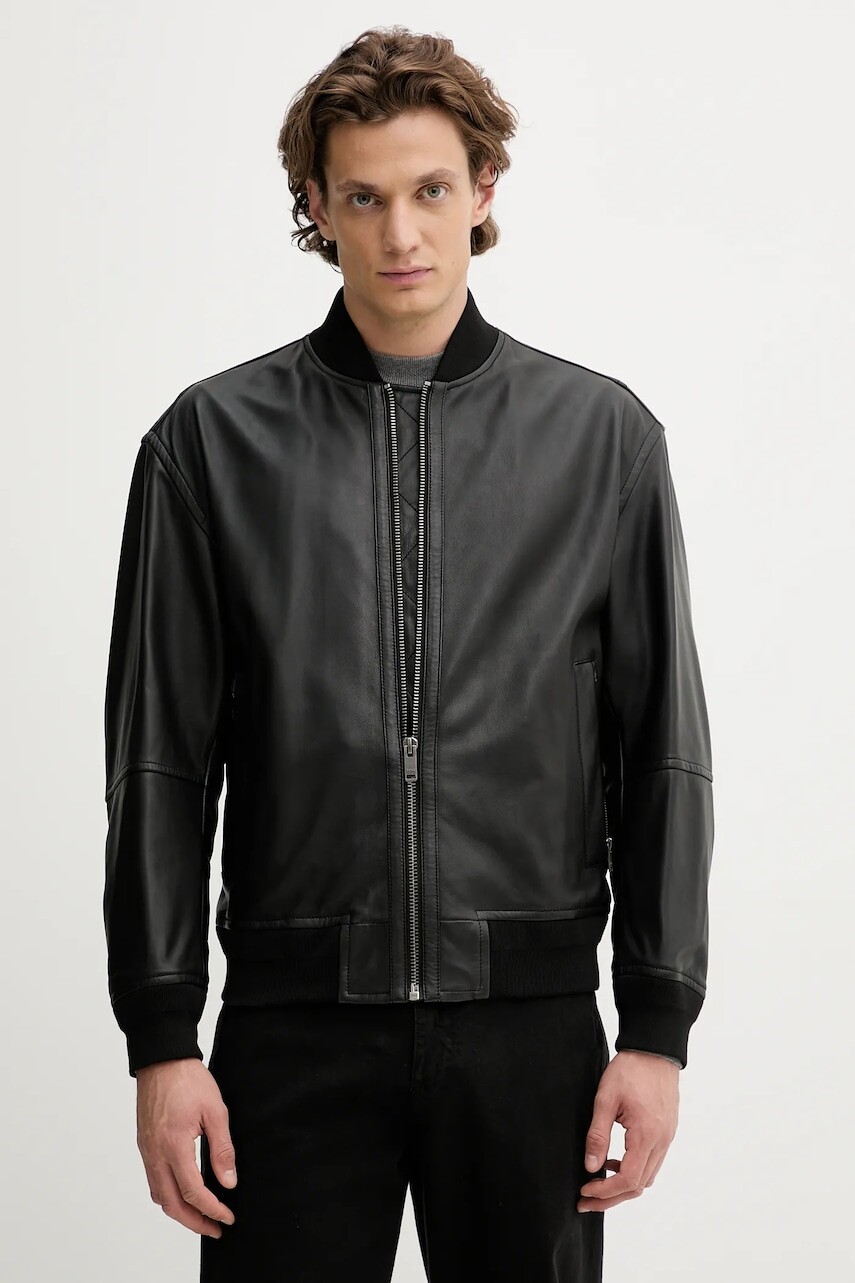 Kožená bunda bomber BOSS Orange čierna farba, prechodná, 50547545