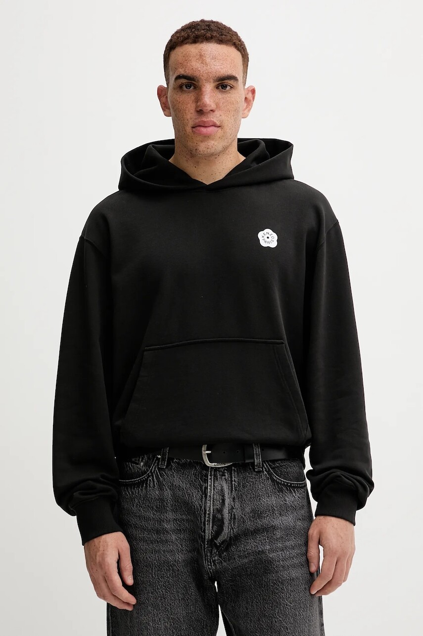 Bavlnená mikina Kenzo čierna farba, s kapucňou, s potlačou, FF65HO2574MF