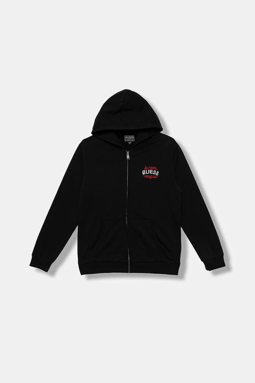 Detská bavlnená mikina Guess čierna farba, s kapucňou, vzorovaná, L5BQ06 KAX74