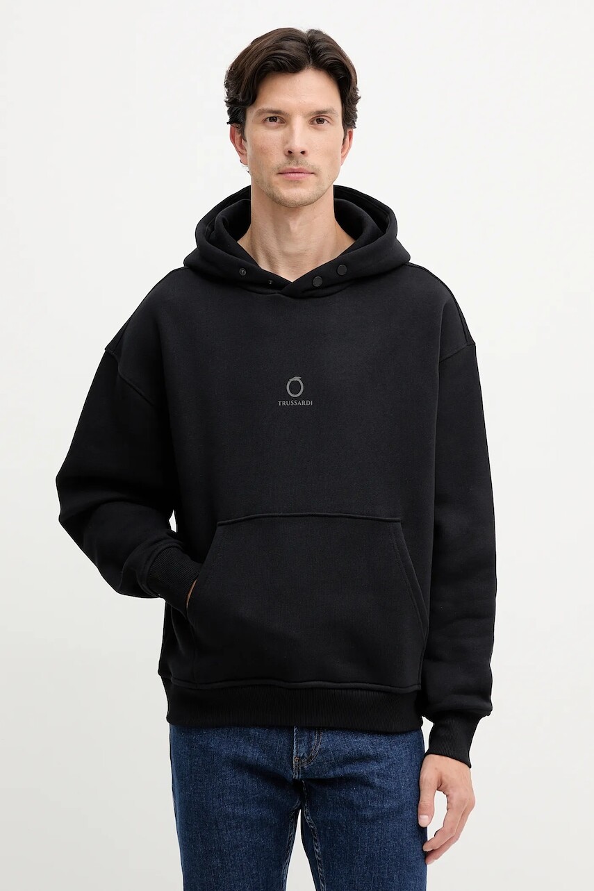 Bavlnená mikina Trussardi čierna farba, s kapucňou, s potlačou, G8038000022N