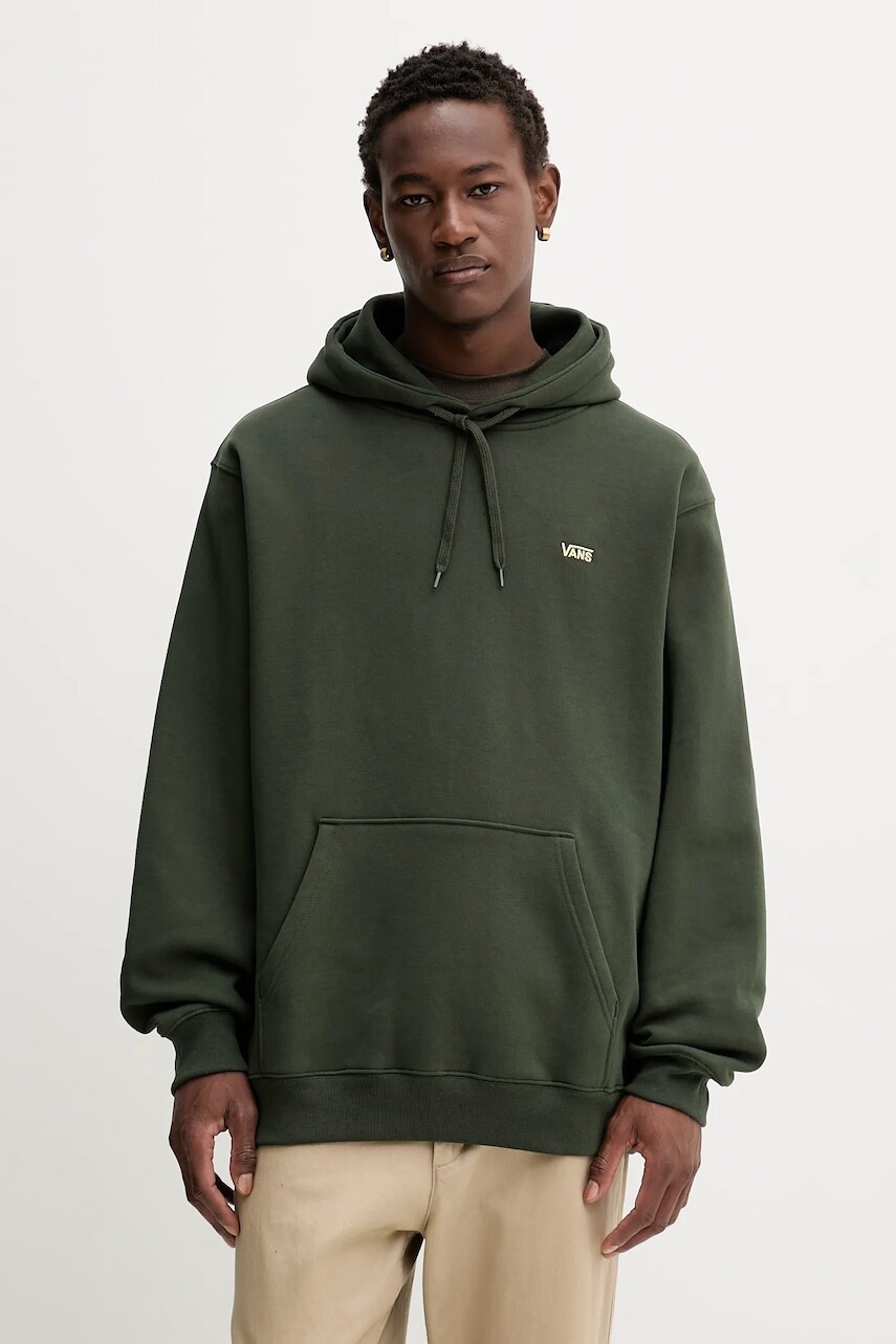 Bavlnená mikina Vans zelená farba, s kapucňou, s nášivkou, VN000P21EMU1