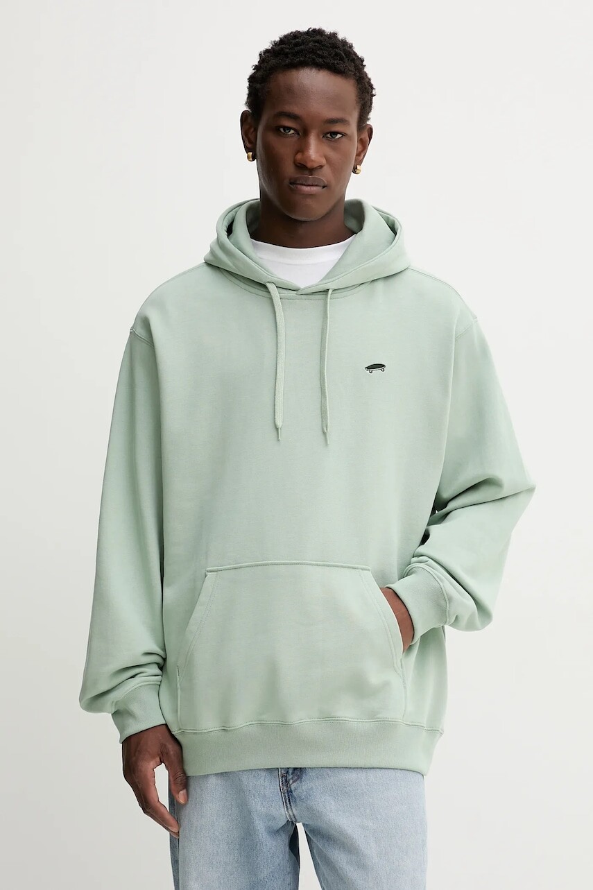 Bavlnená mikina Vans tyrkysová farba, s kapucňou, jednofarebná, VN000P58EMW1