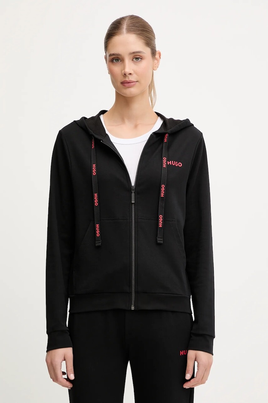 Mikina s kapucňou HUGO čierna farba, s kapucňou, s potlačou, 50556350