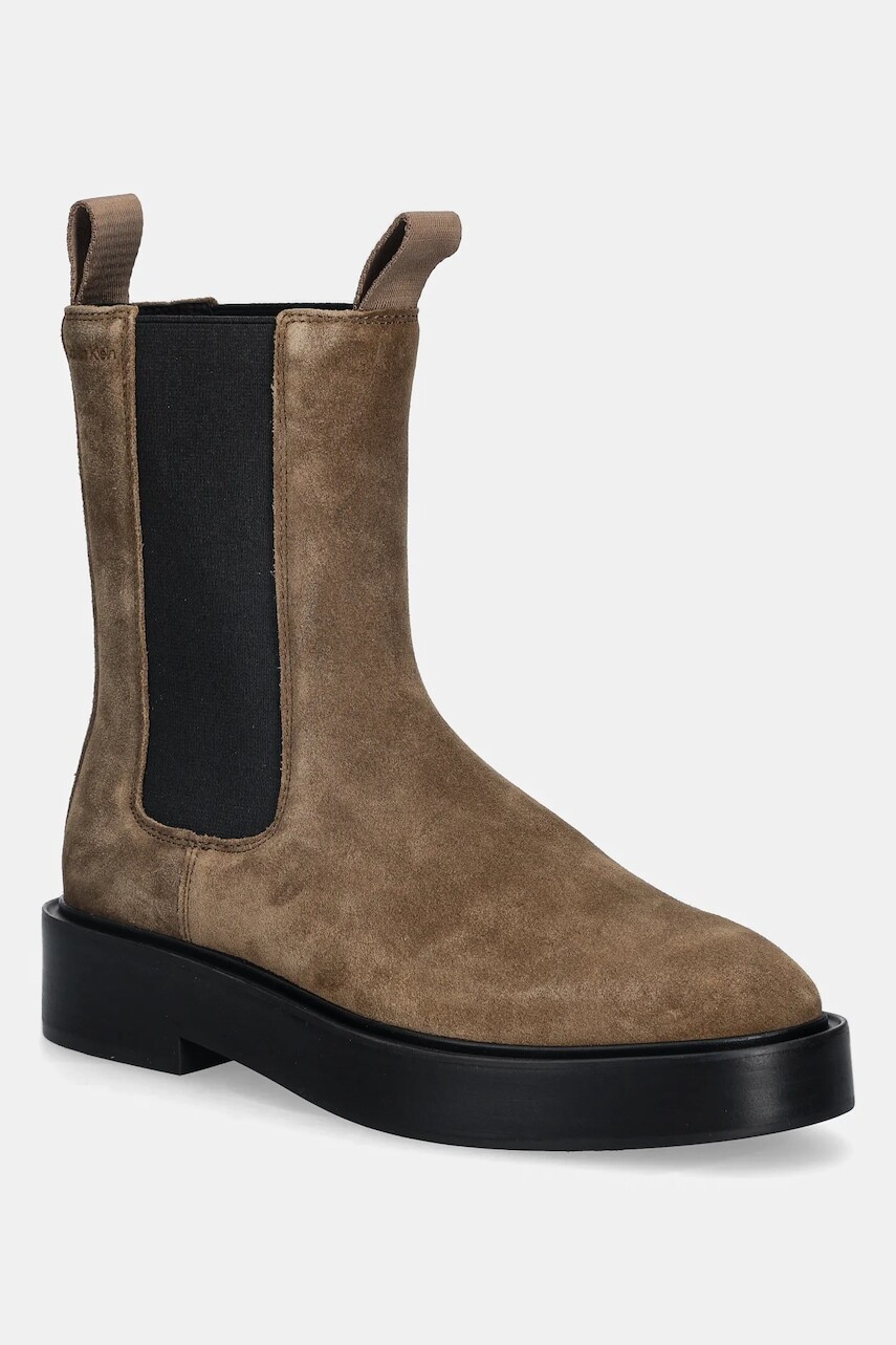 Semišové topánky chelsea Calvin Klein CONVAVE WELT CHESEA SUEDE hnedá farba, na plochom podpätku, YW0YW01969